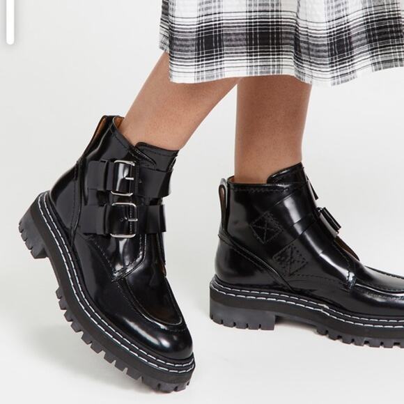 Proenza Schouler Women's lug sole biker patent Leather buckle Boots Size 38.5 - Picture 1 of 11
